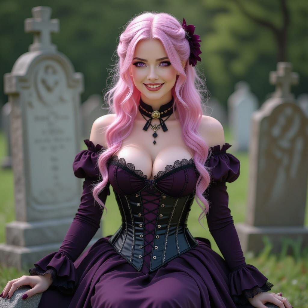 Gothic Pink Haired Woman on Tombstone