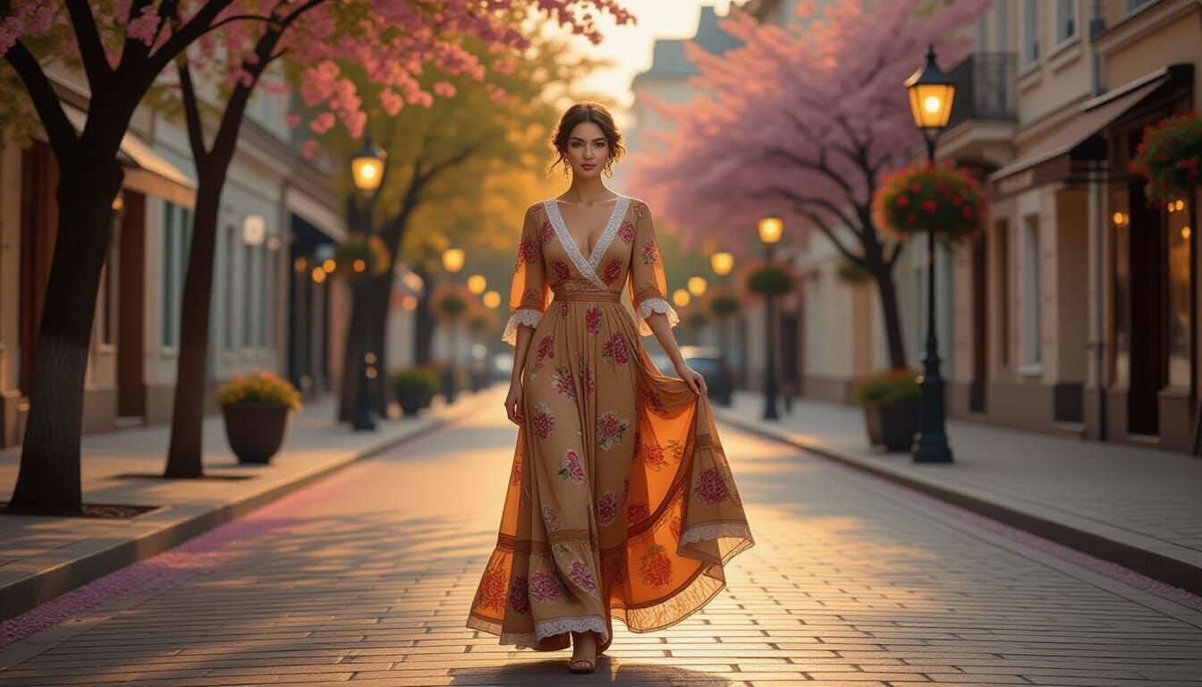 Woman in Floral Dress on Spring Street at Dusk