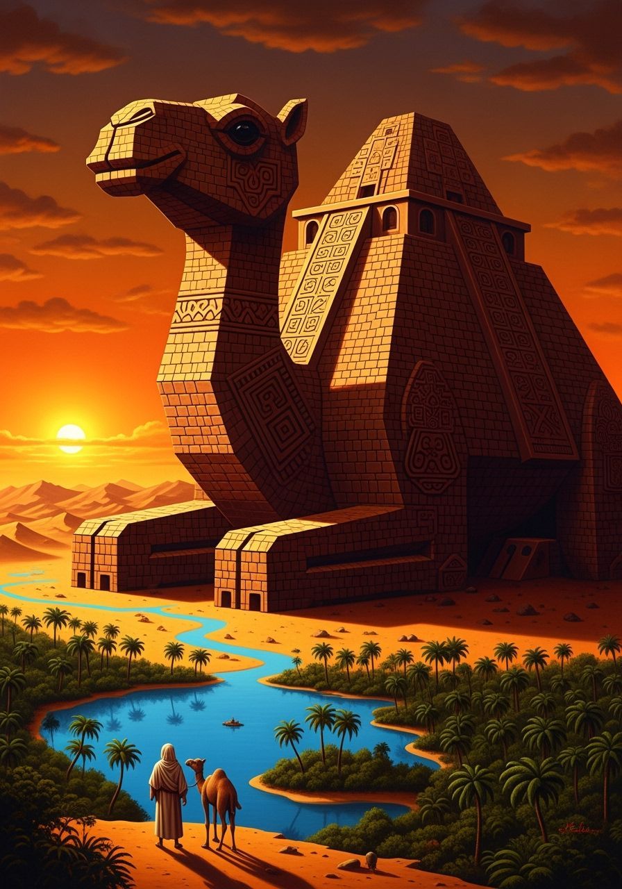 Baroque Fantasy Oil Painting: Man, Camel & Cubic Camel Pyram...