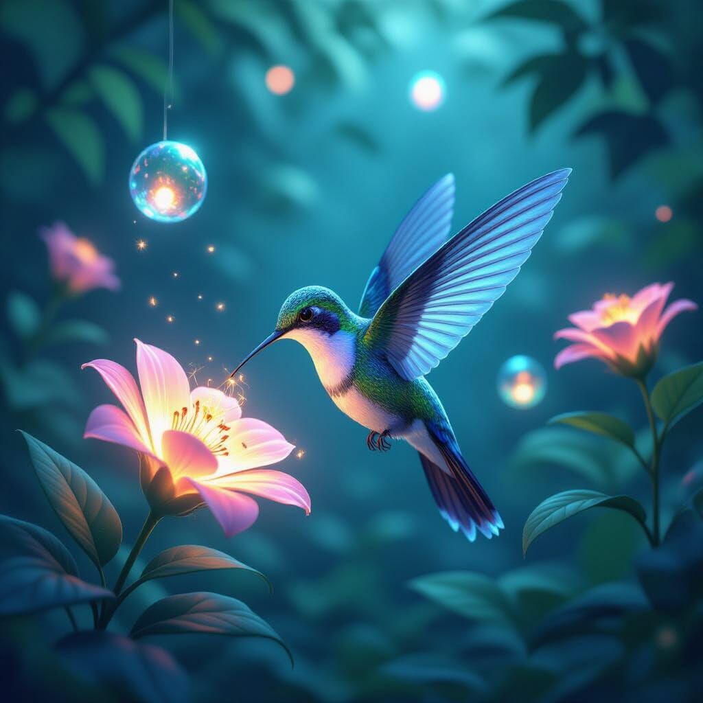 Bioluminescent Hummingbird in Magical Garden: 3D Anime Art
