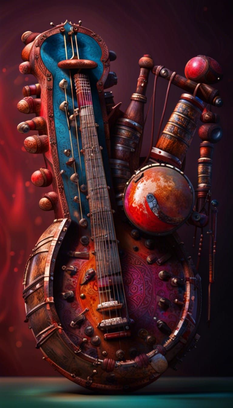 Hyperrealistic Indian Instruments in Dramatic Lighting