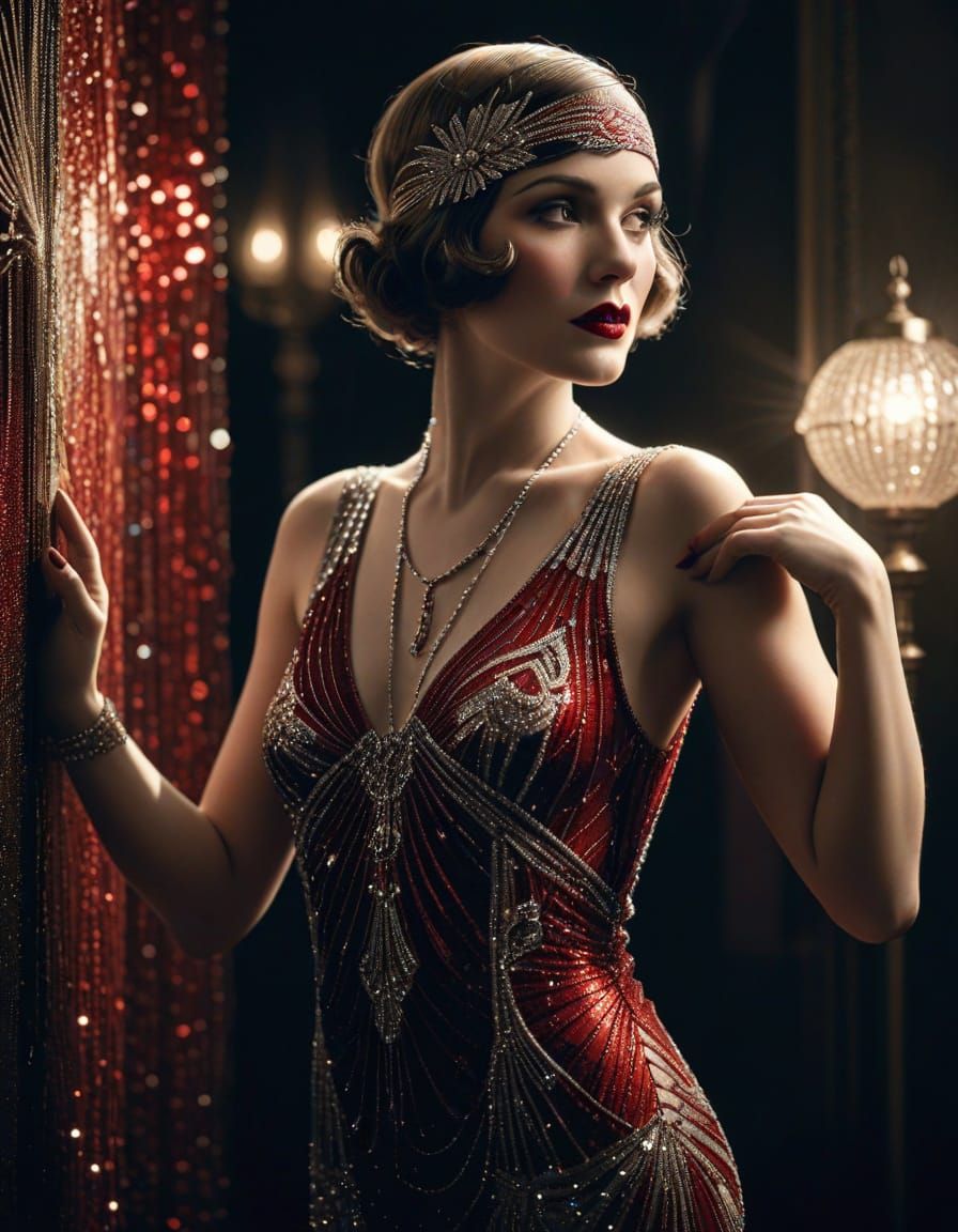 Glamorous Flapper Goddess in Lithography Style