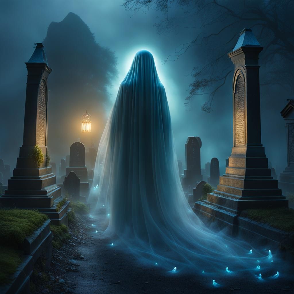 A transparent, ethereal ghost floating above a dark, ancient...