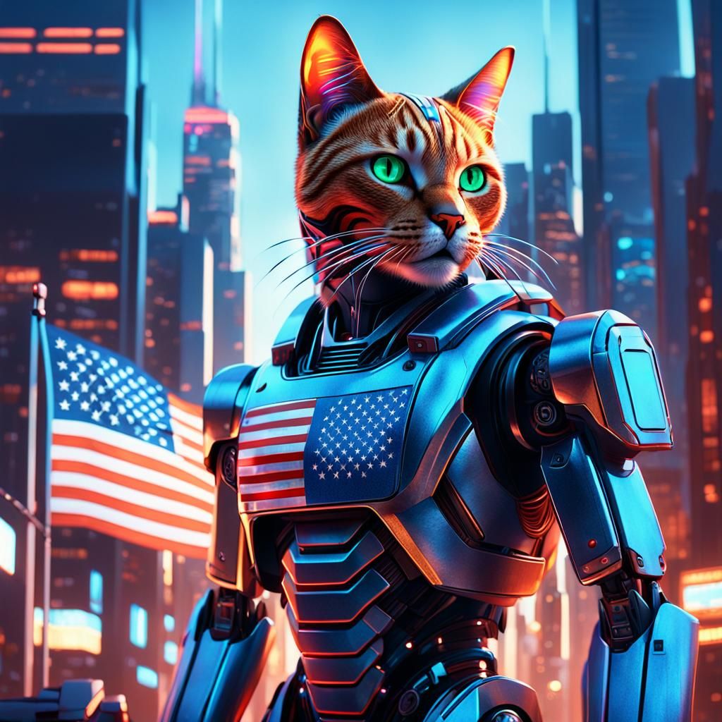 Futuristic Robot Cat Wields the Stars and Stripes in a Neon....