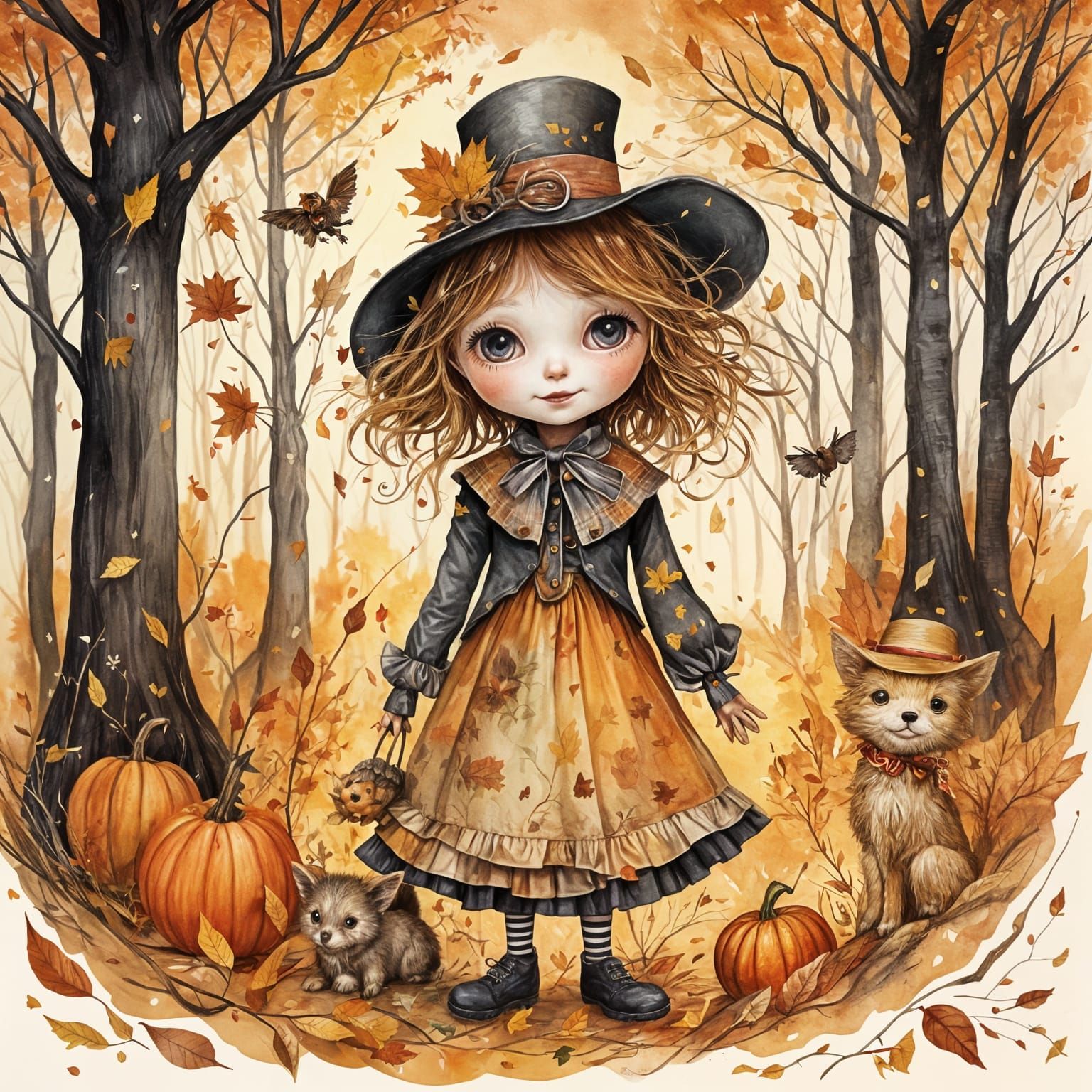 Adorable Scarecrow Girl with Puppy in Autumn