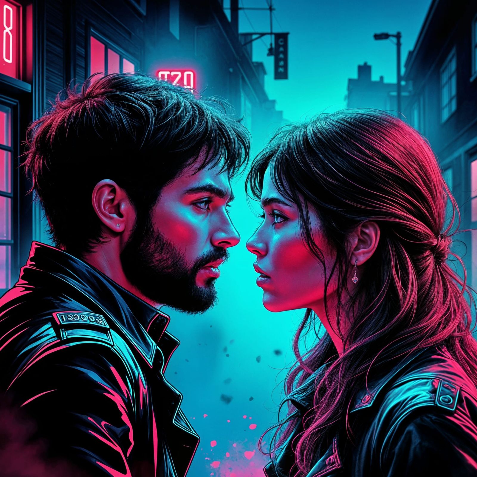Tense Discussion in Neon-Lit 80s Aesthetic