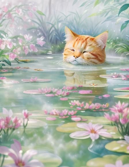 Orange Cat in Hot Spring: Impressionist Portrait