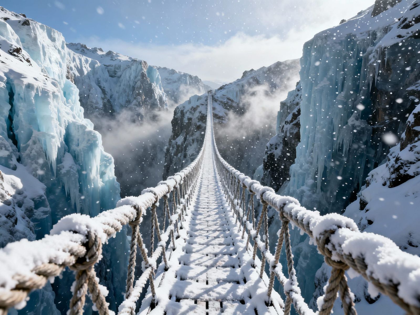 Snow-Covered Rope Bridge in Icy Canyon Landscape