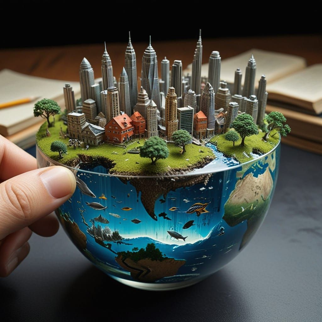 Miniature World Inside Pencil: Cities, Nature, Seas
