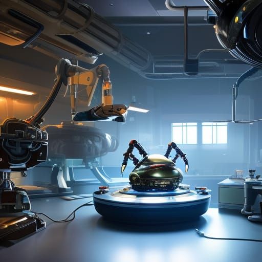 Crab Robot Doctor in Sci-Fi Lab, Oil Painting