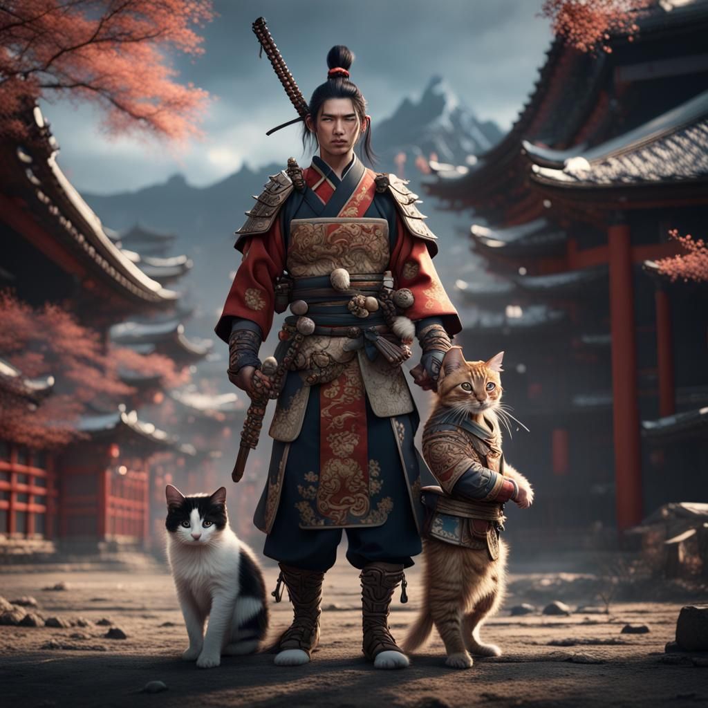 Japanese Warrior with Kitten: Detailed Fantasy Art