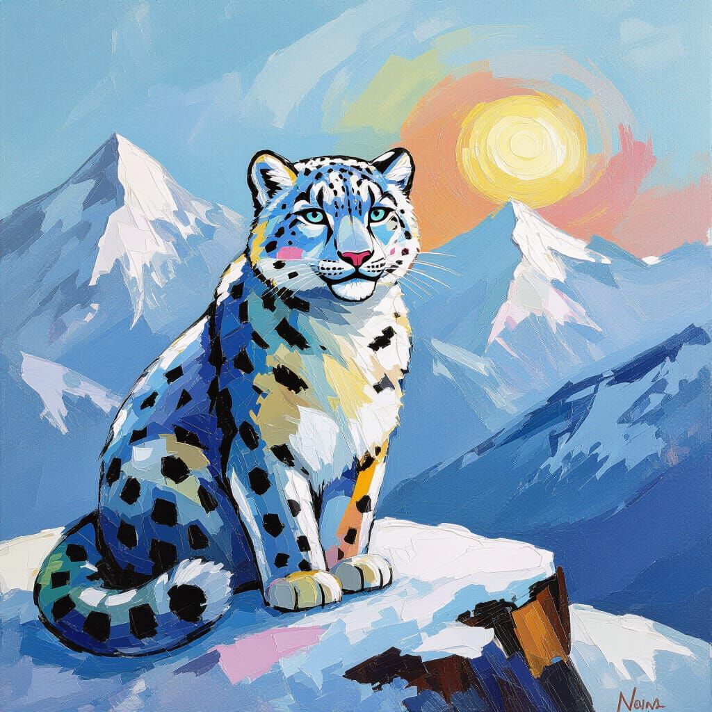 Snow Leopard in Snowy Mountains as Impasto Oil Painting