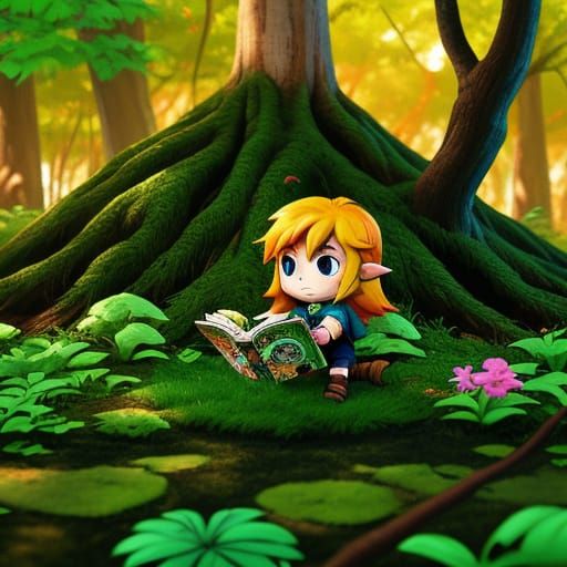 Chibi Link Reading Manga in Forest