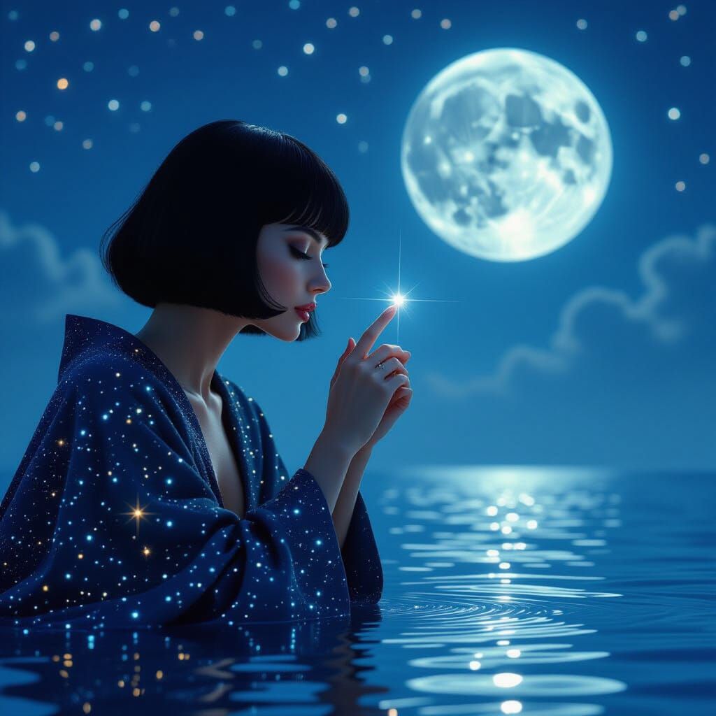 Night Goddess Touches Water Mirror Under Full Moon