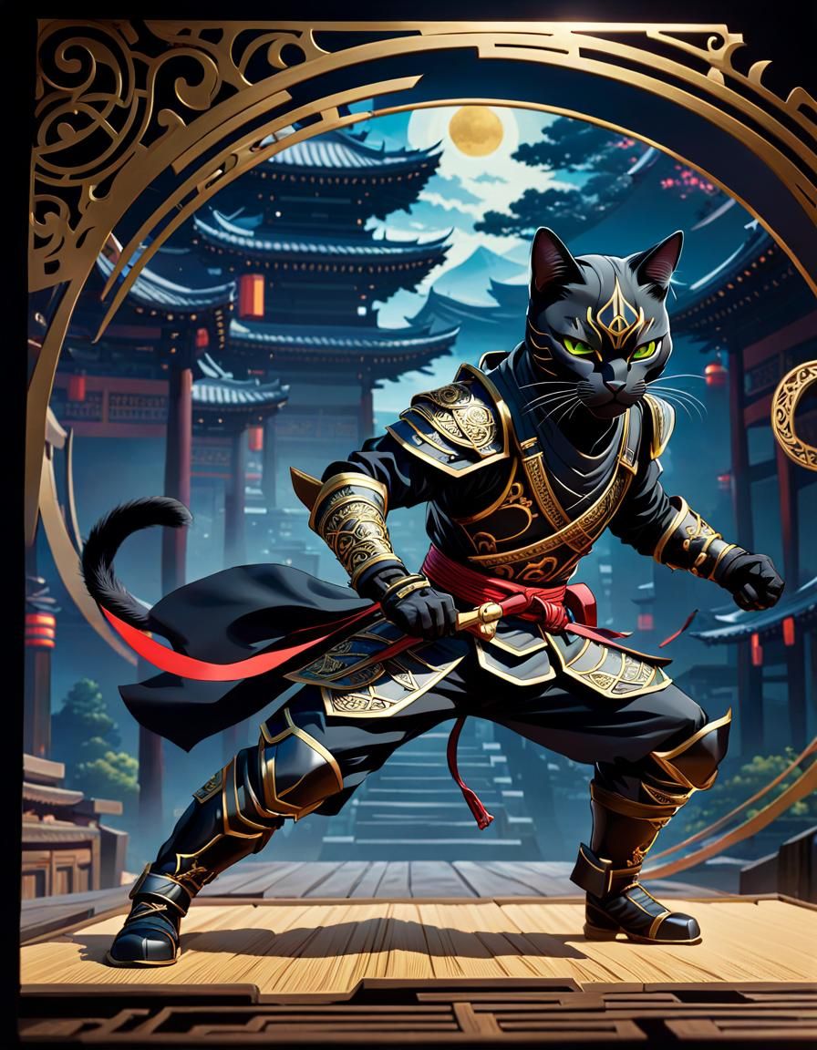 Black Cat Ninja Warrior in Psychedelic Art