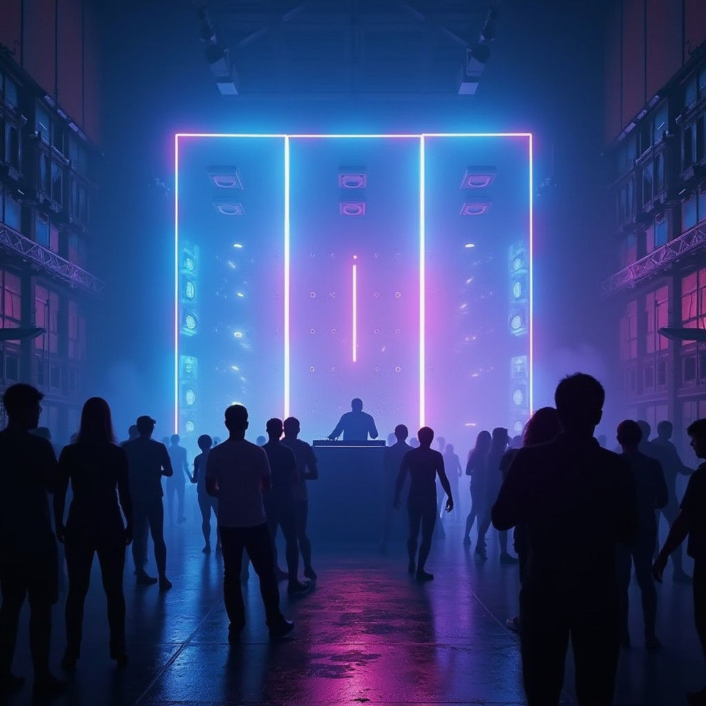 Electric Warehouse Rave with Frenzied Crowd