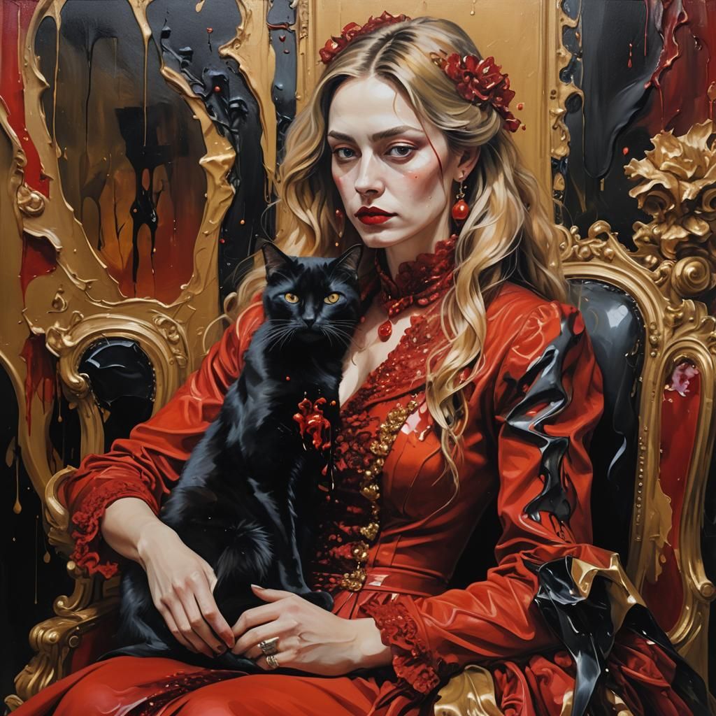 Lady in Red with Cat: Surreal Oil Painting