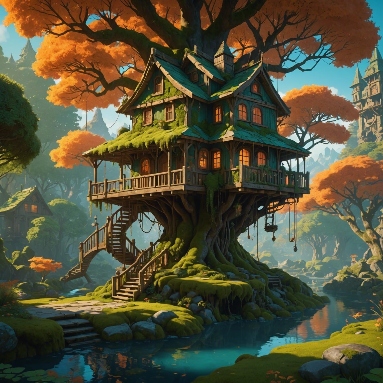 Glowing Treehouse in Early Morning Light