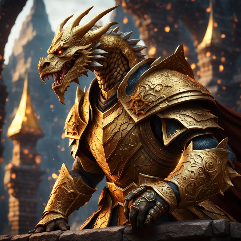 Gold Dragonborn Paladin Knight in Detailed Matte Painting