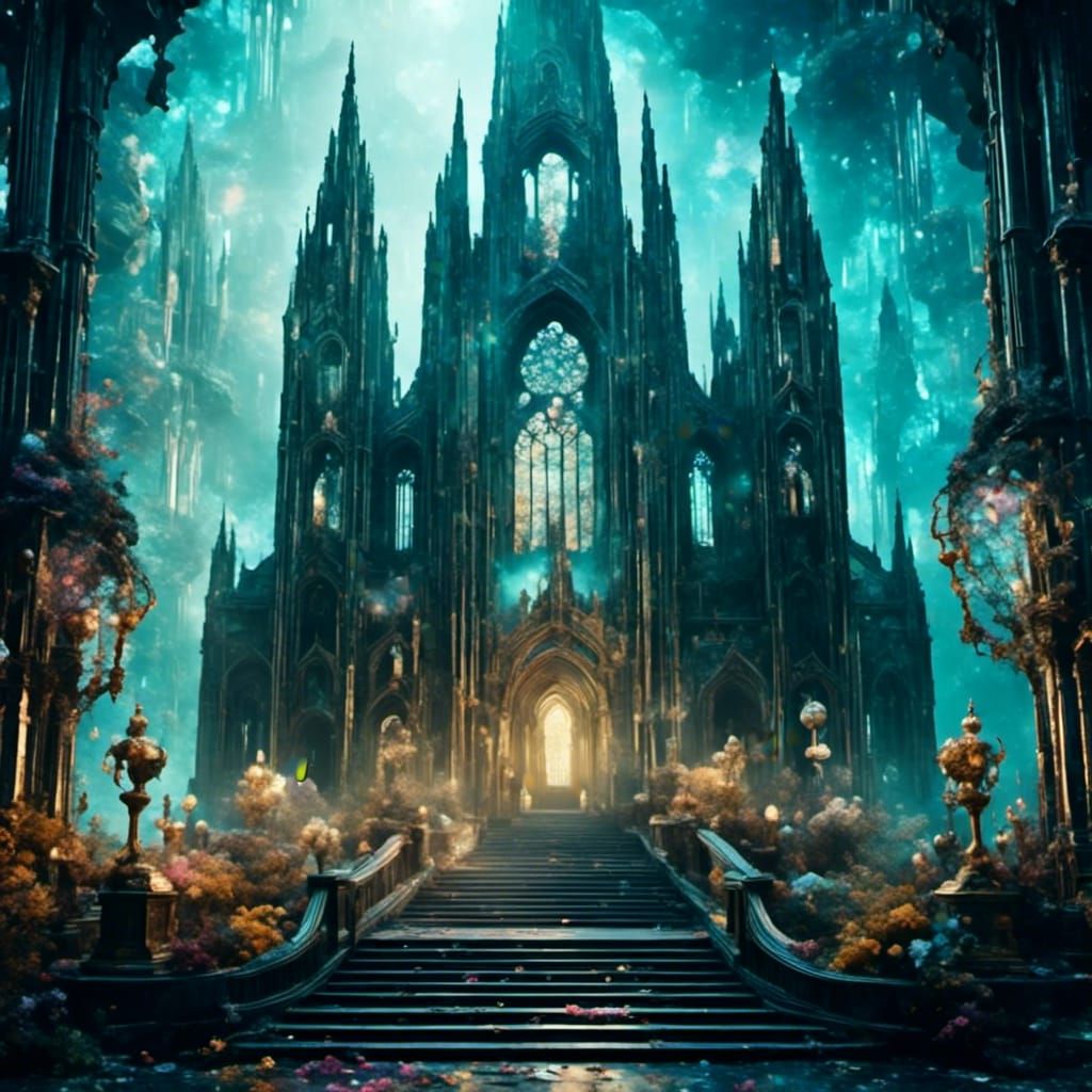 Cyberpunk Cathedral Entrance with Moody Atmosphere