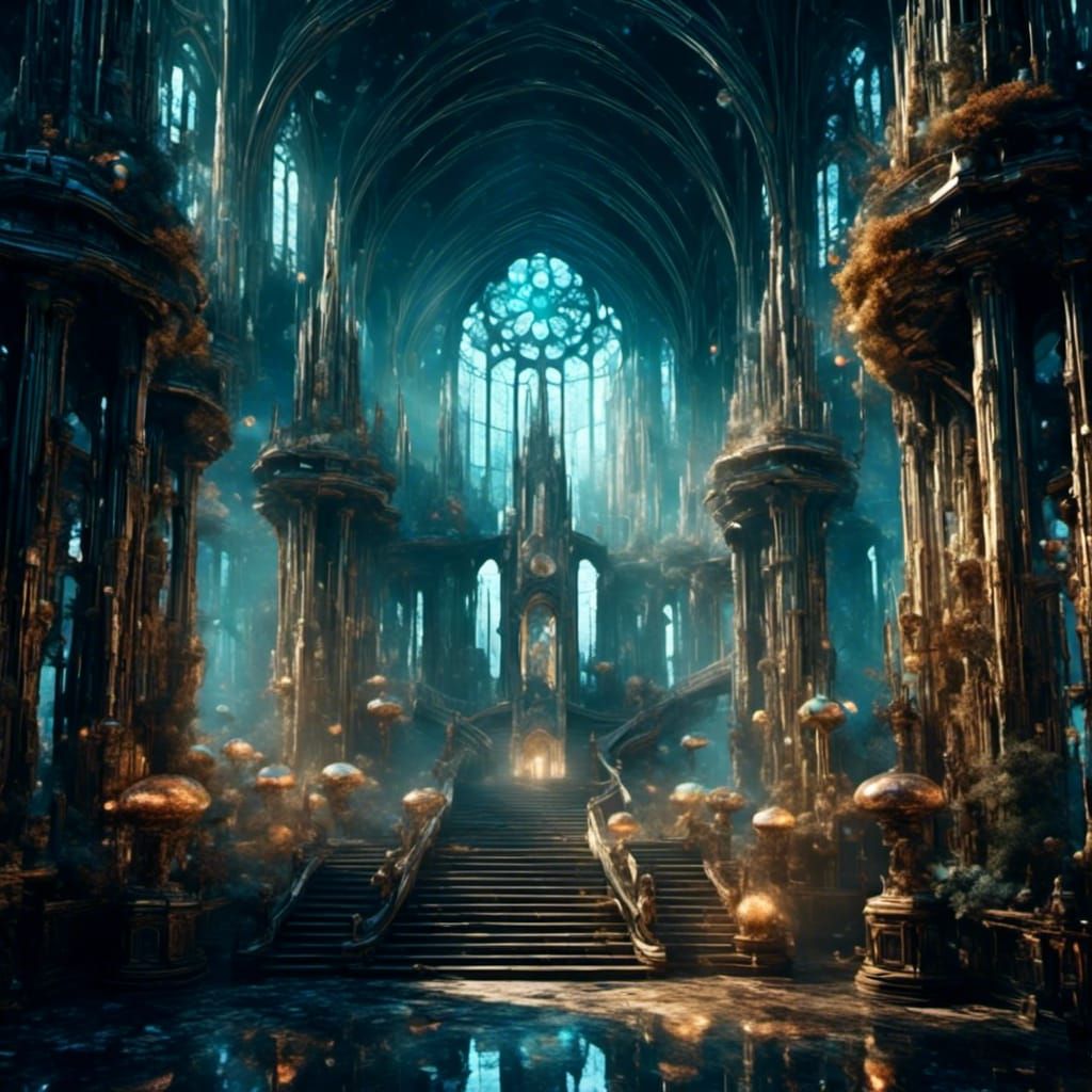 Cyberpunk Cathedral Entryway with Moody Atmosphere