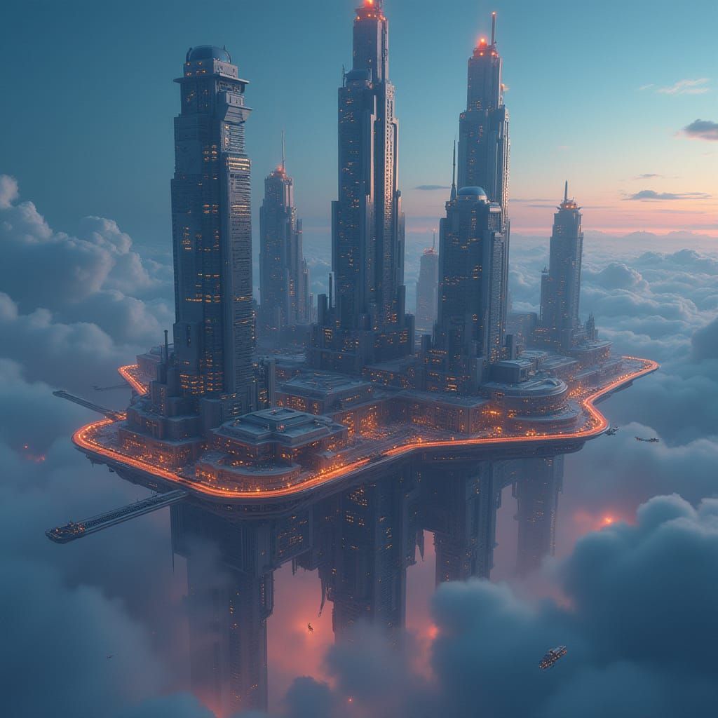 Floating Cyberpunk Metropolis in Perpetual Twilight
