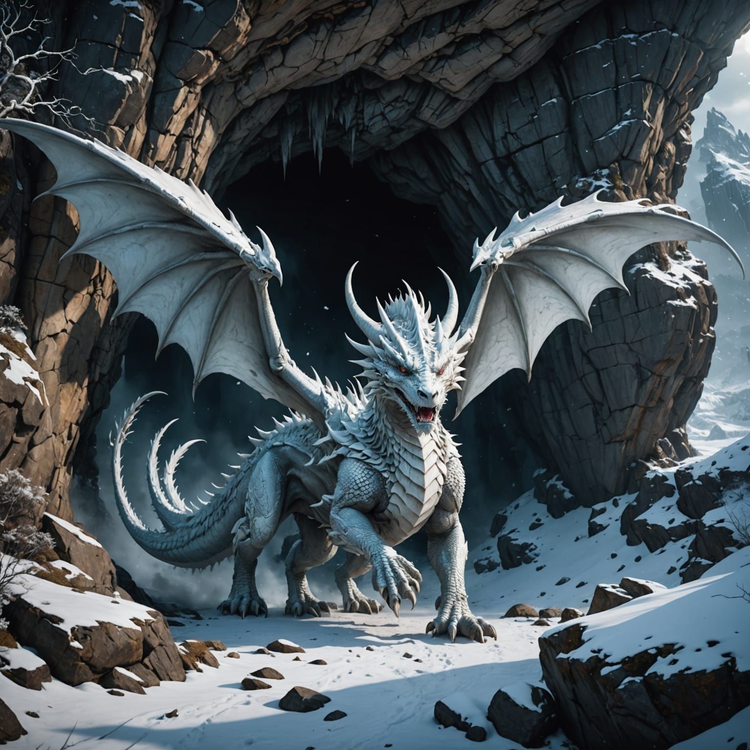 Majestic White Dragon Emerges From Winter Cave