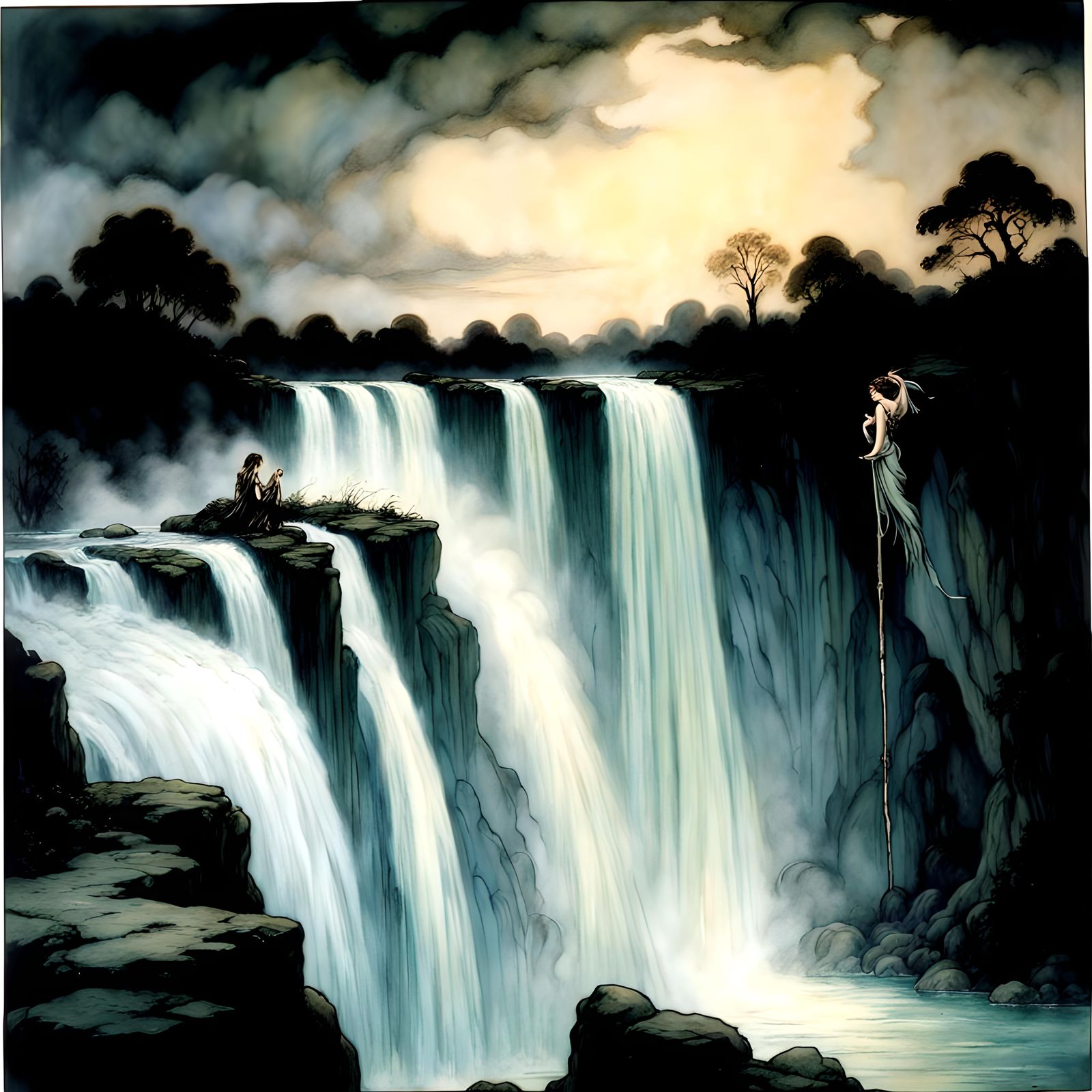 Beautiful epic magnificent fantasy fairy waterfall, by Arthu...