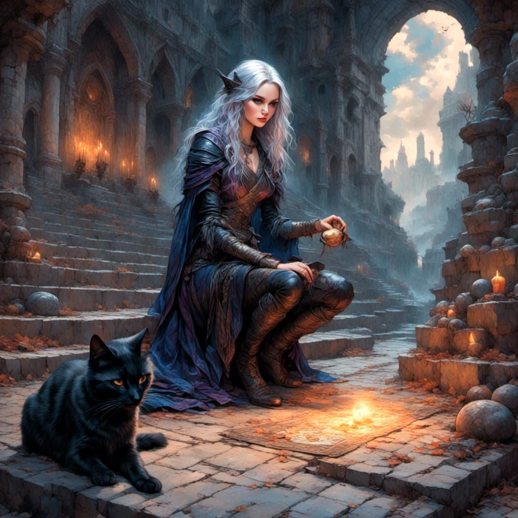 Drow Magic User with Cat Familiar on Stone Floor
