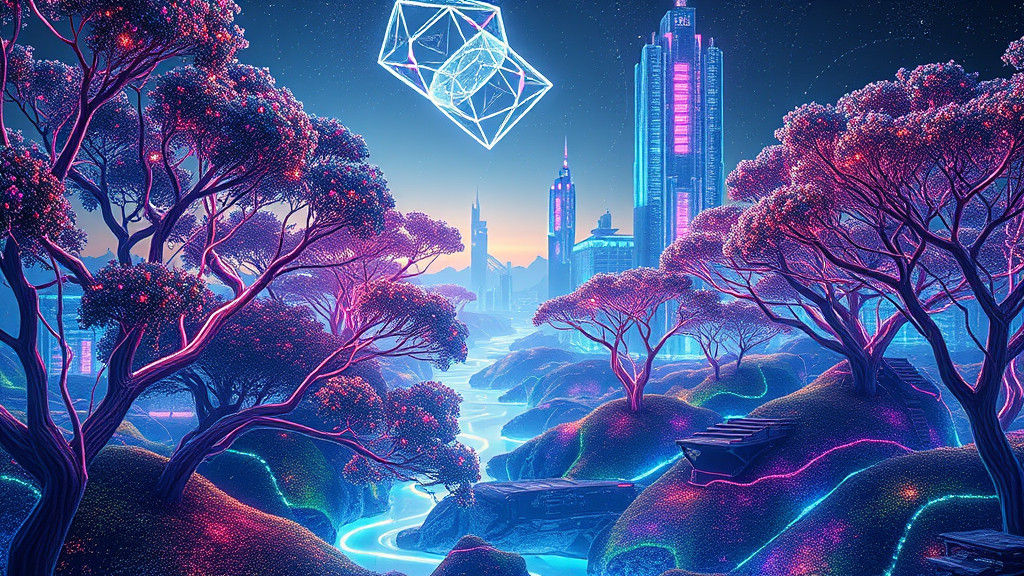 Futuristic Dreamscape with Glowing Trees and Neon Flora