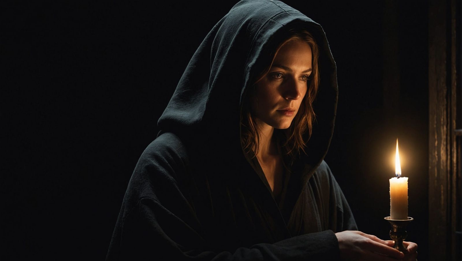 Candlelit Portrait of Woman in Dark Forest