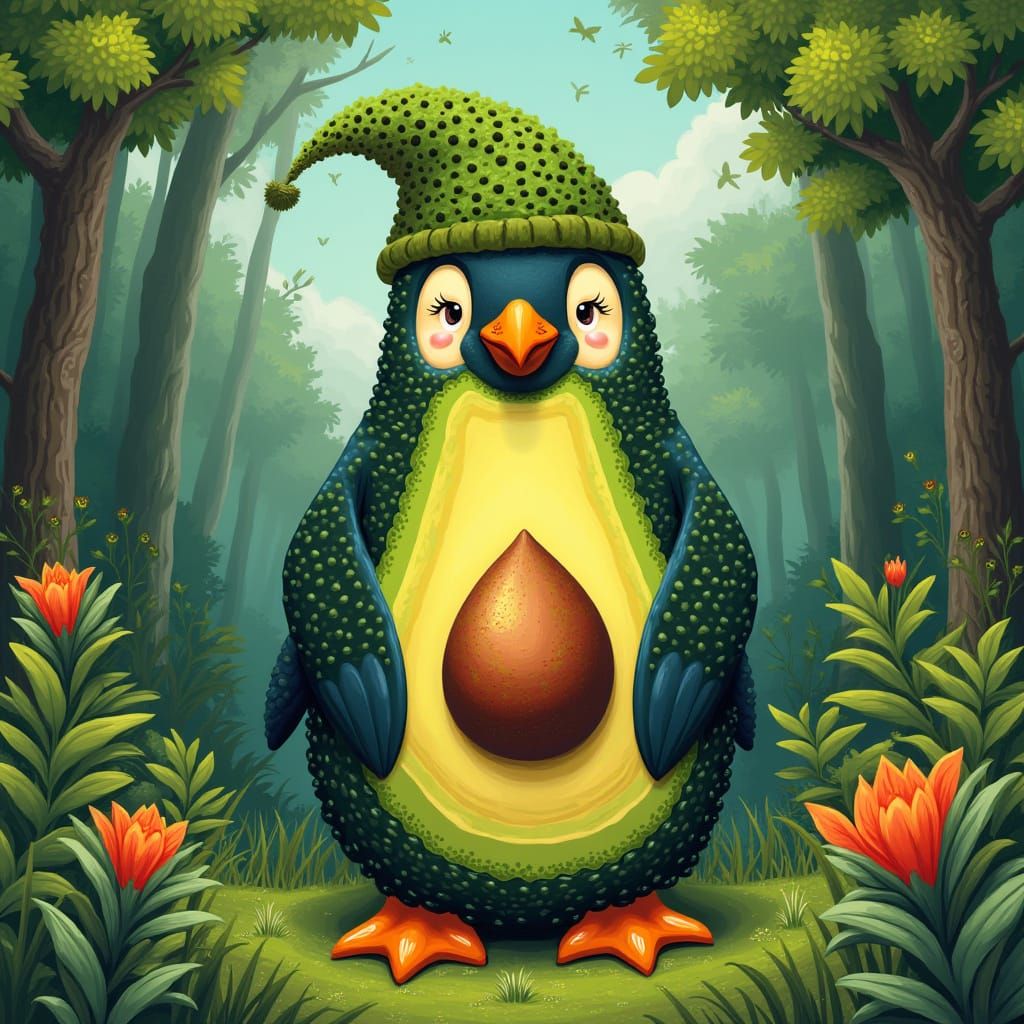 Avocado Penguin in Surreal Forest, Pop Art Style
