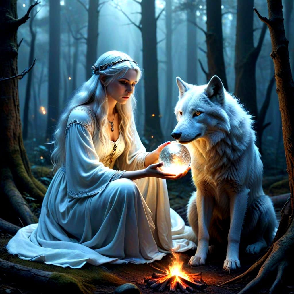 Enchanted White Witch Casting Spell in Forest