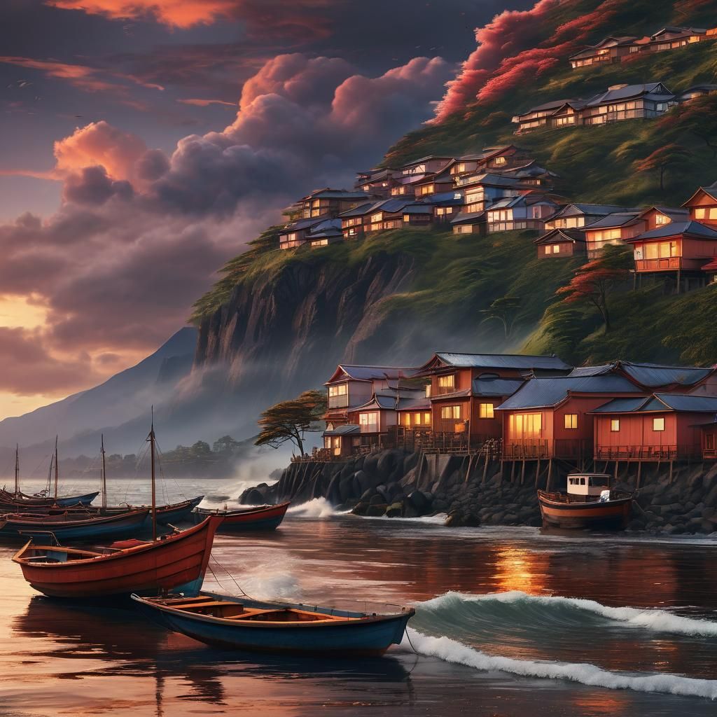 Epic Sunset over Seaside Village with Mt. Fuji in the Backgr...