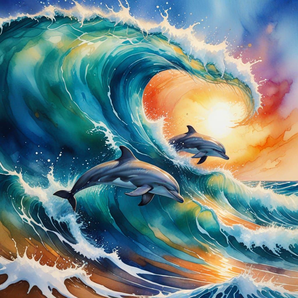 Playful Dolphins in Translucent Wave, Watercolor Style
