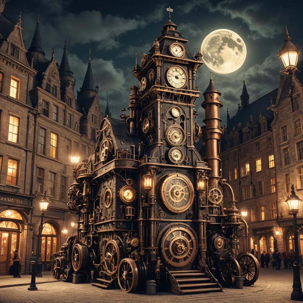 Clockwork castle near town hall at night