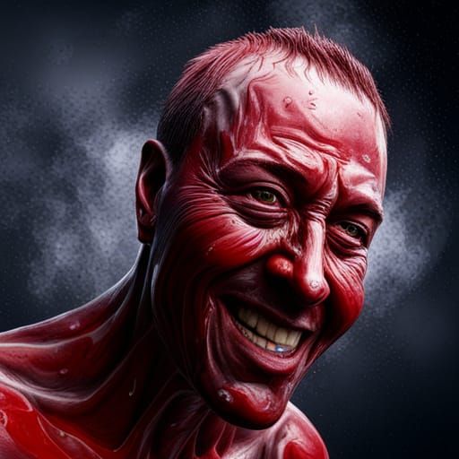 Hyperrealistic Smiling Man in Blood Rain
