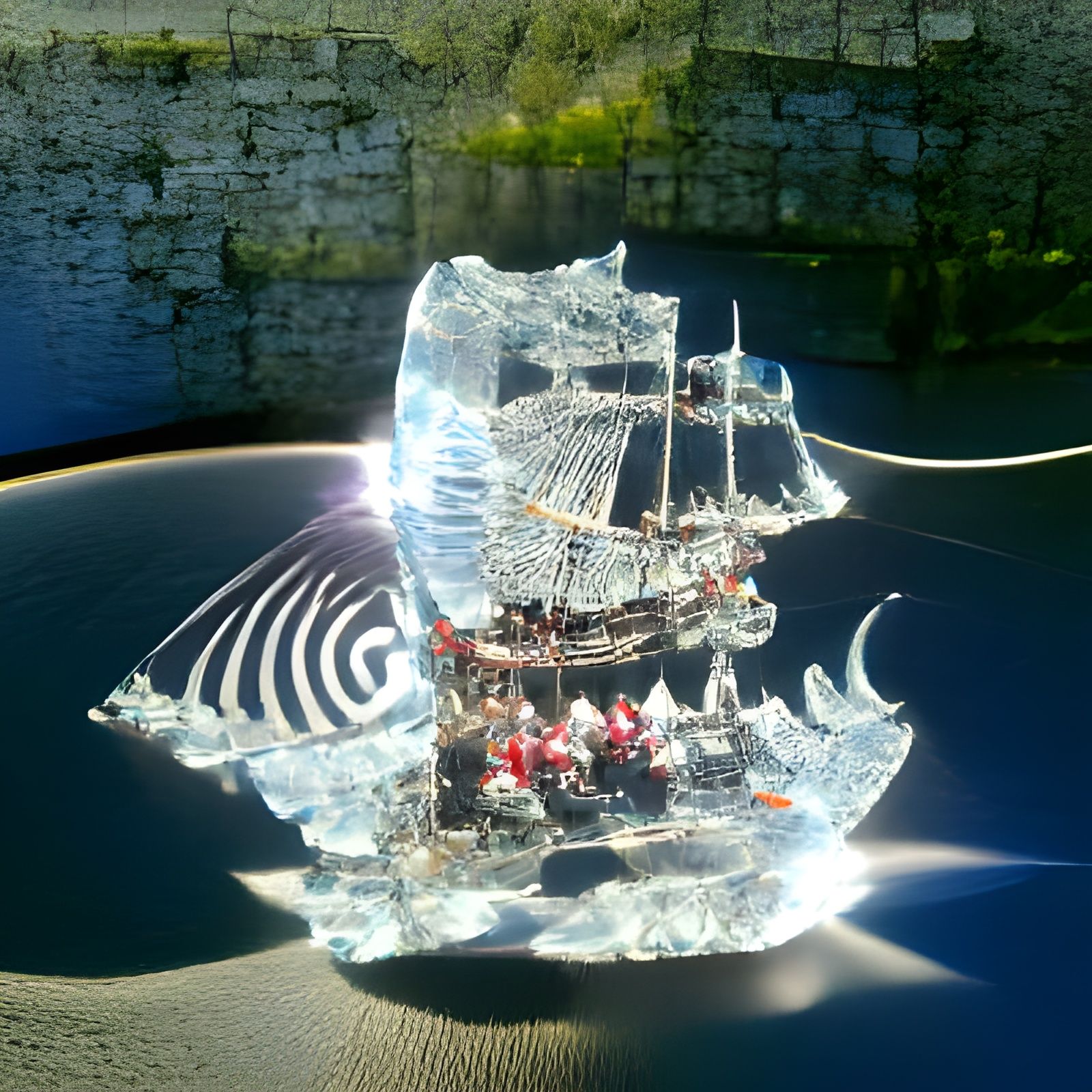Crystal Pirate Ship Sailing on a Sunny Sea
