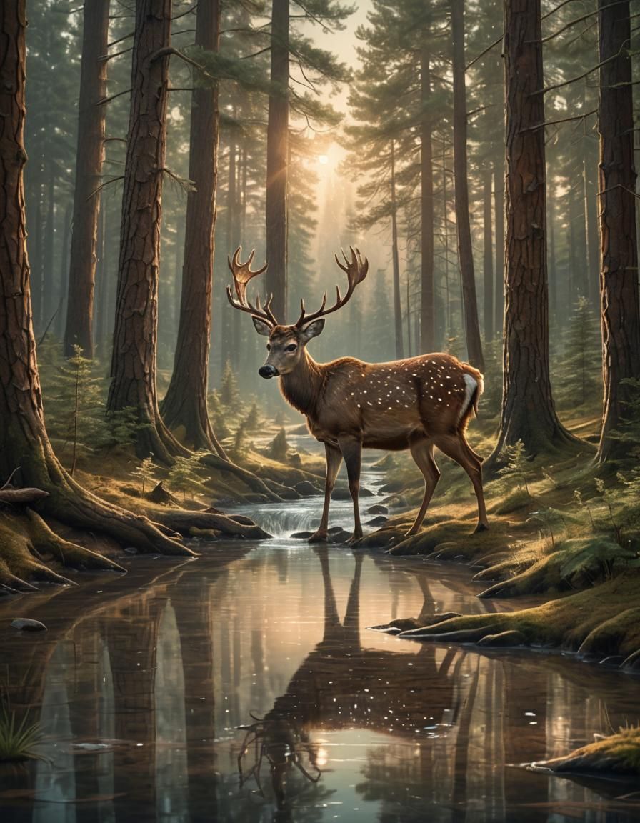 Deer Drinks From Stream in Fantasy Forest