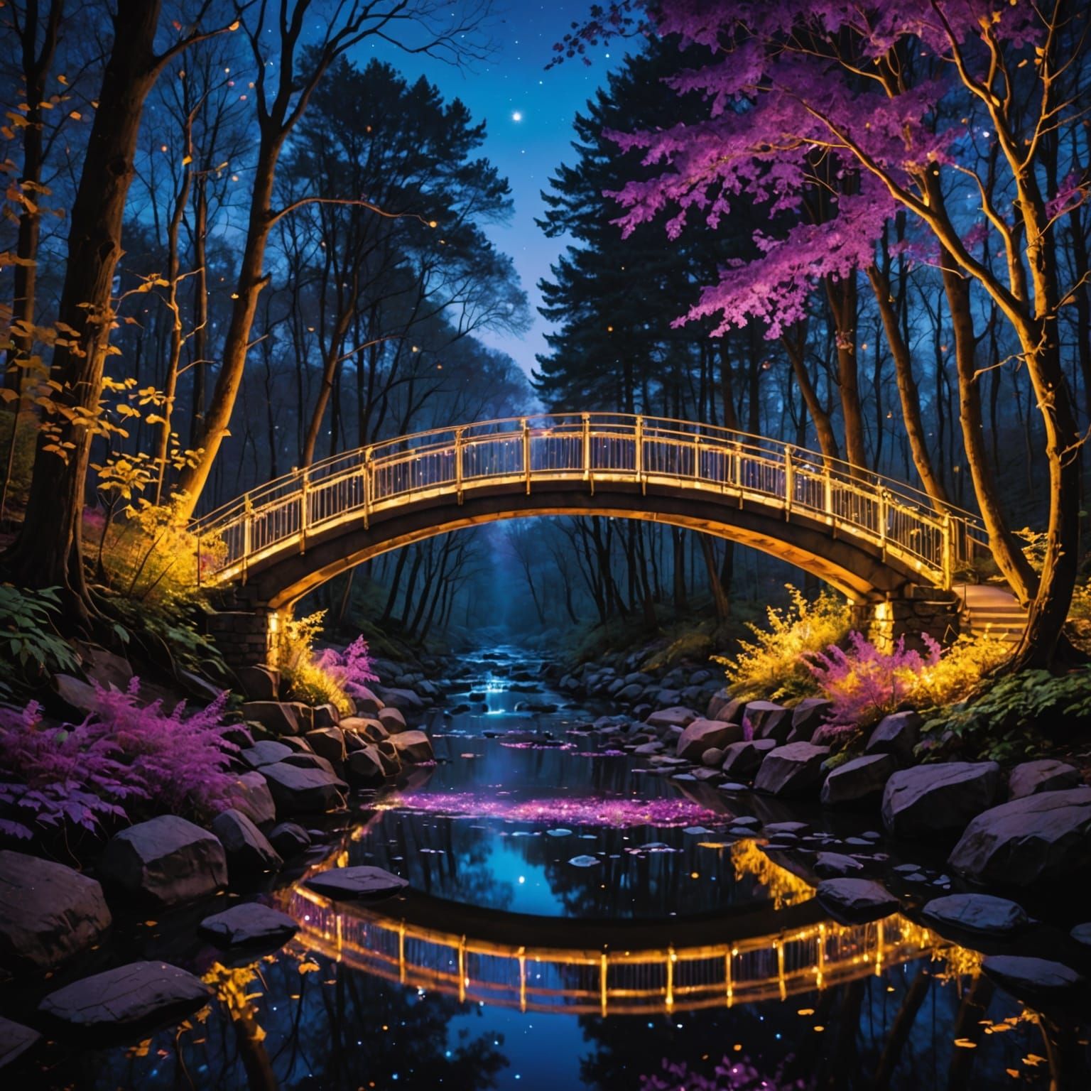 Crystal Bridge Arcs Through Enchanted Forests at Twilight