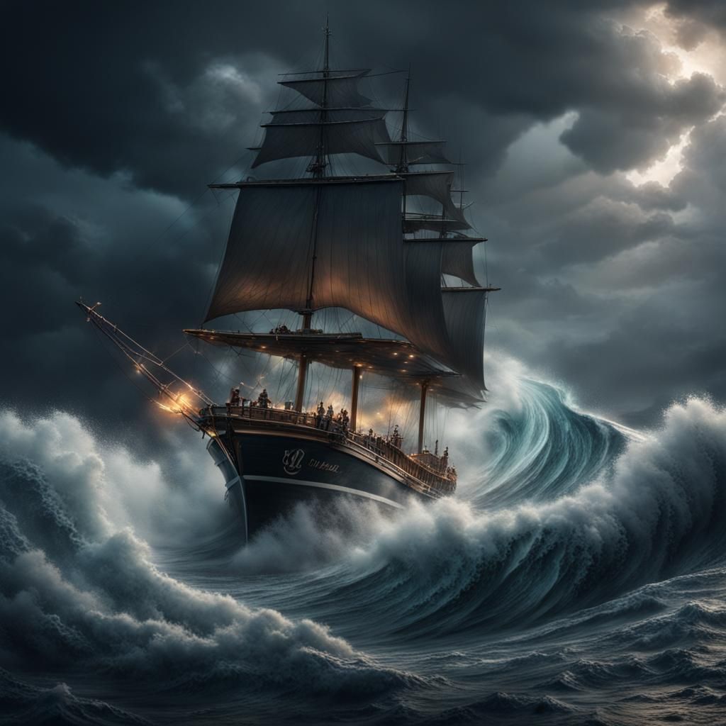 Boat Sails Through Stormy Seas: Digital Art