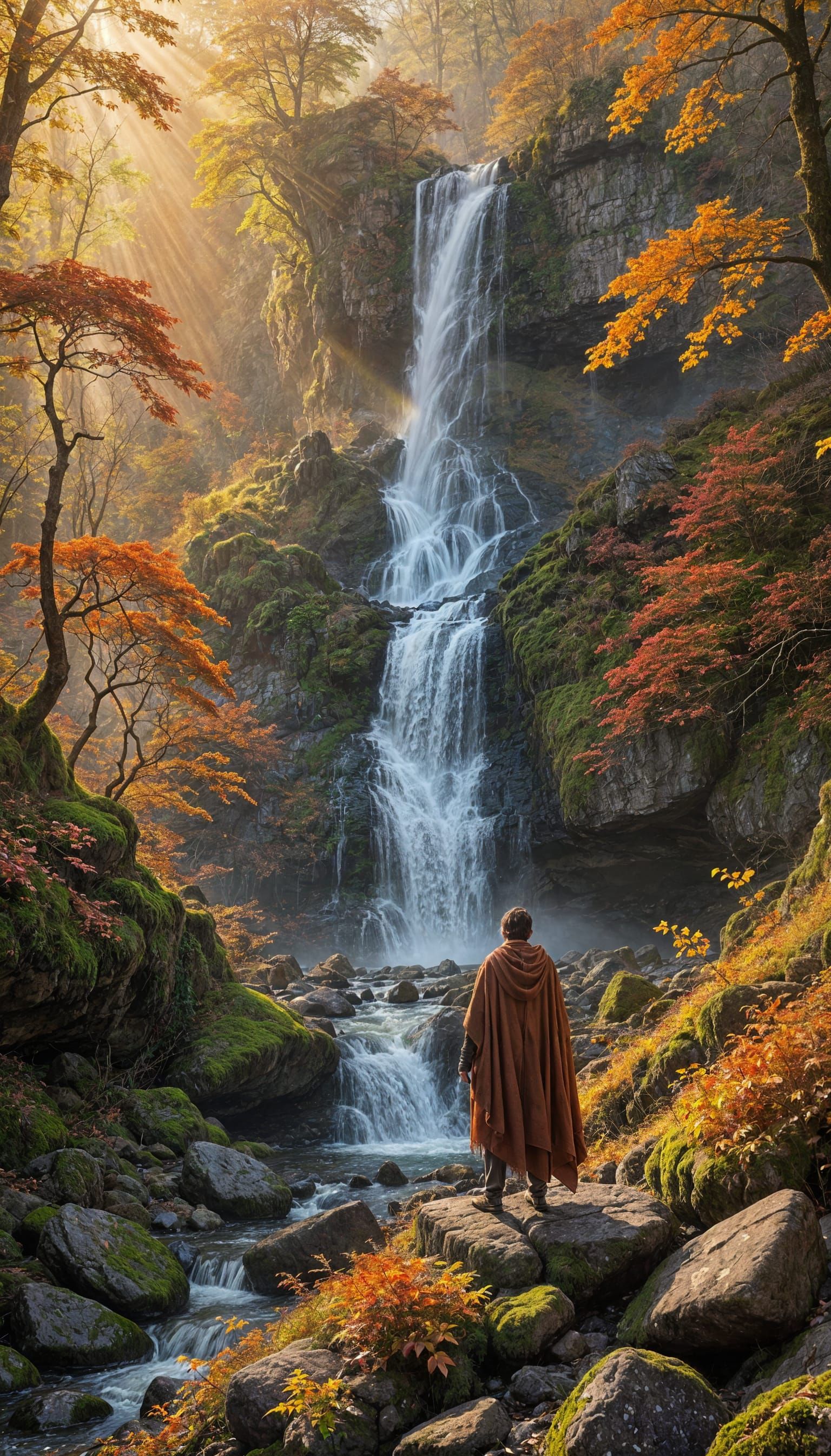 Majestic Autumn Waterfall Scene with Observer