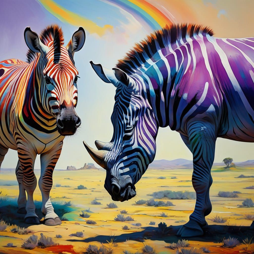 Vibrant Striped Zebras Unite with a Rainbow Rhino in Dreamy ...