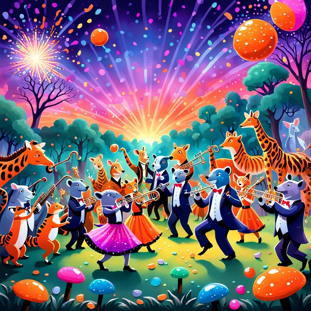 Whimsical Zoo Animals Dance in Candy Art Style