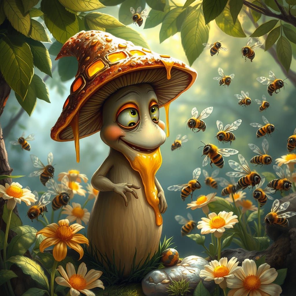 Whimsical Mushroom Beekeeper with Honey Drenched Bees