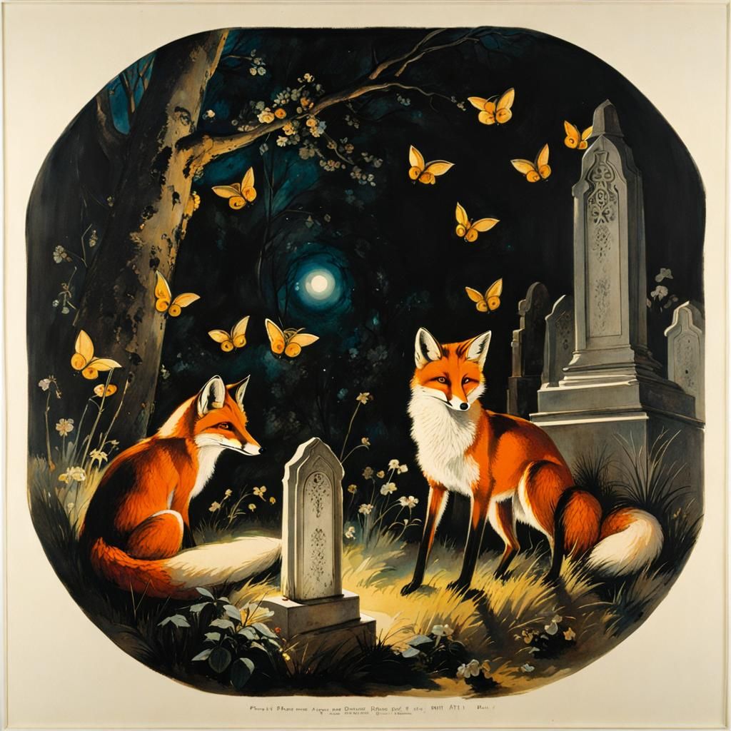 Fox and Fireflies Graveyard: Modern Ink Painting