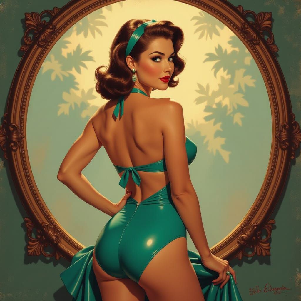 1950s Pin-Up in Latex Bikini, Impressionist Style