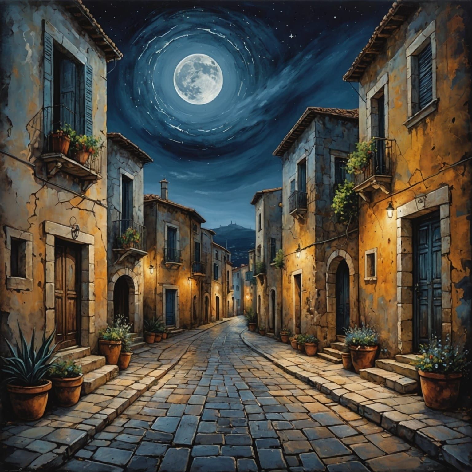 Mediterranean Town Street in Acrylic Painting Style