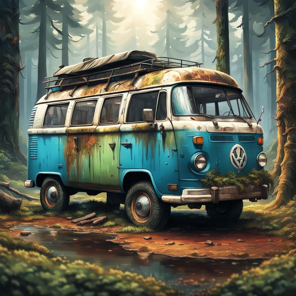Post-Apocalyptic Camper Van Shelter in Forest, Hyperrealisti...