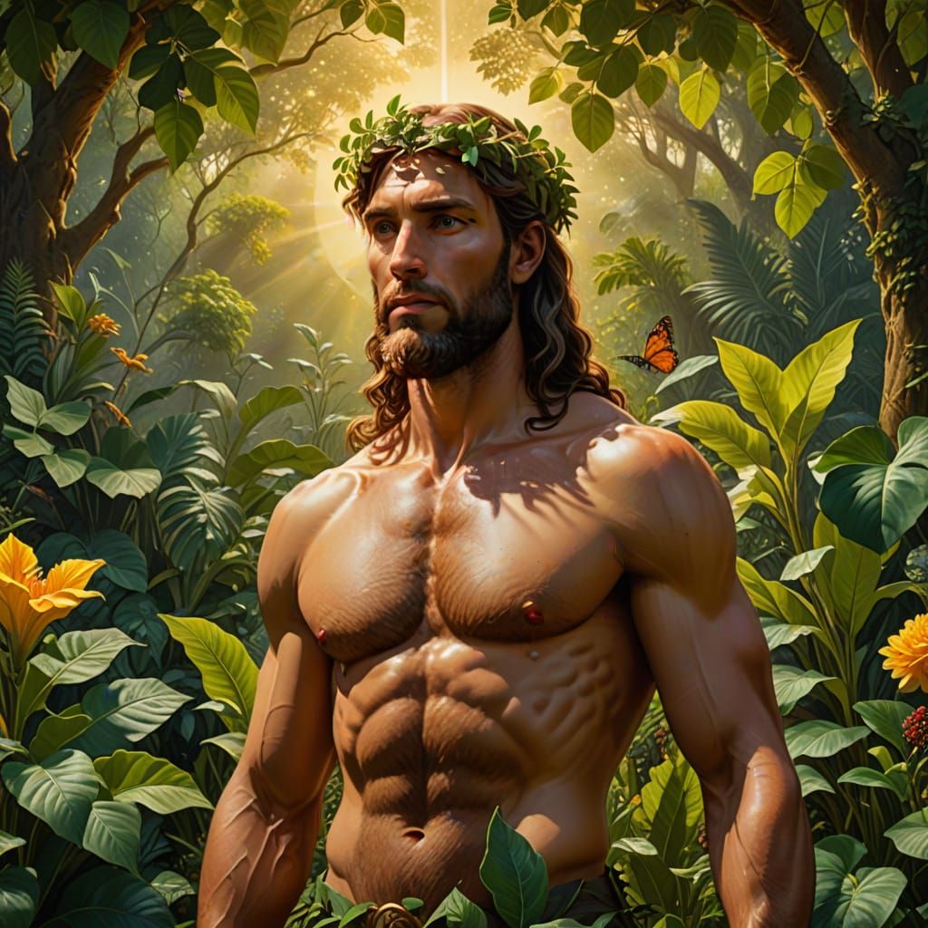 God Stands Over Adam in the Garden of Eden, in Hyper-Realist...